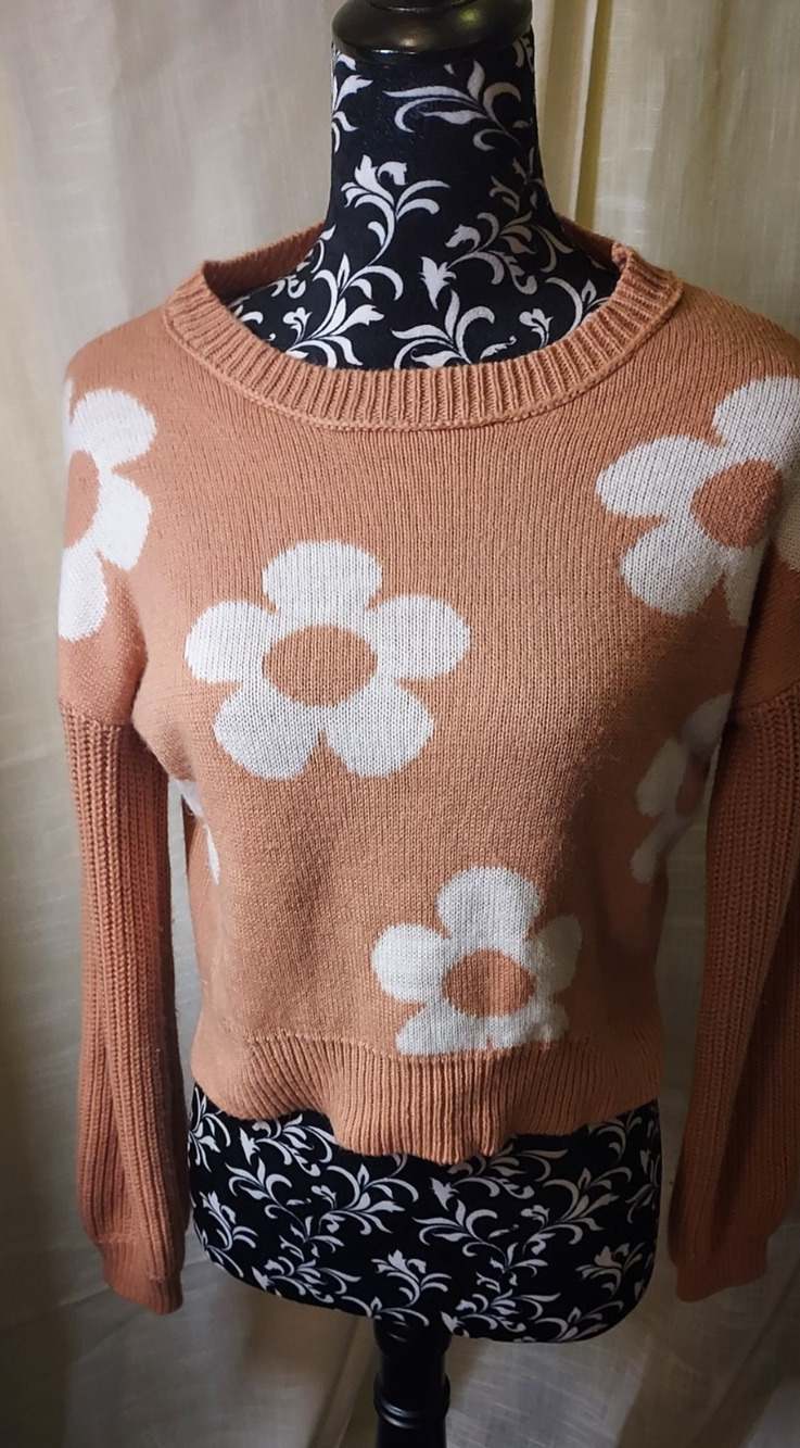 Y2K Vintage Brown Freshman 1996 Cropped Floral Sweater, Size S
